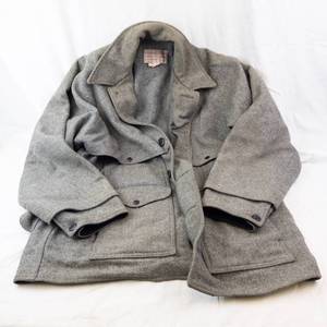 Filson Genuine Wool Mackinaw Coat - Gray 100% Virgin Wool, Seattle. Size L-XL. Estimated Replacement Value $400.