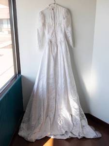 Bridal Lace-Embroidered Wedding Dress With Pearl Button Back & Train