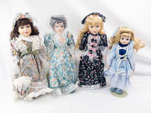 4 Vintage Porcelain Head Dolls - Floral Lace Dresses