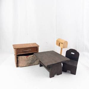 Miniature Dollhouse Furniture Set - Wooden Desk, Table and Chair & Silverware, Mailbox