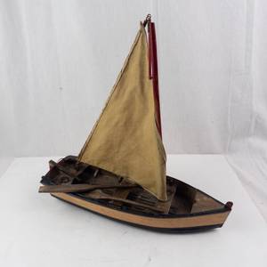 Wooden Sailboat Model - Tan Canvas Sail with Red Hull & 2 Oars