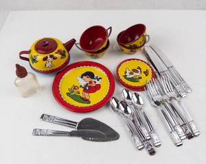 Ohio Art Co. Tin Childrens Tea Set - Vintage YellowRed with Girl & Dog Motifs