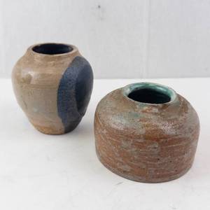 Pair of Stoneware Vases - Handmade Pottery with Blue & Tan Glazes