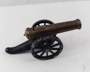 Antique Brass Toy Cannon on Carriage with Spoked Wheels