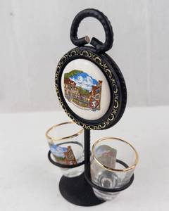 Schwbisch Gmnd Town Scene Shot Glass Stand with 2 Glasses