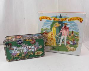 Peace Out Girl Scout Tin Lunch Box & British Biscuits Tin - Vintage Collectible