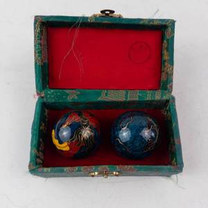 Baoding Balls Pair in Teal Box - Enamel Dragon Motifs, Made in China