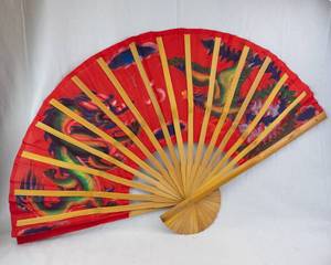 Huge Red Dragon Hand Fan with Wooden Spokes - Folding Chinese Fan