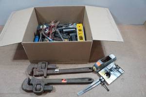 lot 230 image: Assorted Tools - Pipe Wrenches, Level, Wrench, Sockets