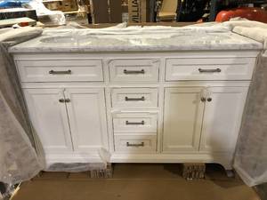 Home Decorators Collection Windlowe 61 in. Double Sink White Bath Vanity with White Carrara White Marble Top (Assembled) Customer Returns See Pictures