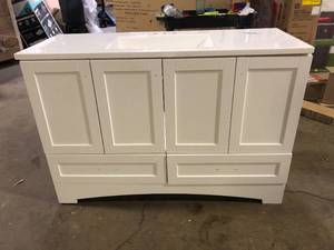 lot 20 image: Glacier Bay Lancaster 49 in. Single Sink White Bath Vanity with White Cultured Marble Top (Assembled)Customer Returns See Pictures