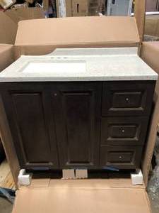lot 46 image: Glacier Bay Northwood 37 in. Single Sink Dusk Bath Vanity with Silver Ash Cultured Marble Top (Assembled) Damaged on Granite Top  Customer Returns See Pictures