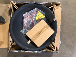 lot 60 image: Hampton Bay Sadler 29.33 in.W Rubbed Bronze Steel Wood Outdoor Fire Pit with Cover and Poker Included   Customer Returns See Pictures