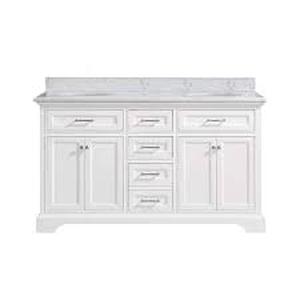 Home Decorators Collection Windlowe 61 in. Double Sink White Bath Vanity with White Carrara White Marble Top (Assembled) Customer Returns See Pictures