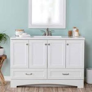 lot 20 image: Glacier Bay Lancaster 49 in. Single Sink White Bath Vanity with White Cultured Marble Top (Assembled)Customer Returns See Pictures