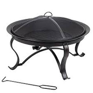 lot 60 image: Hampton Bay Sadler 29.33 in.W Rubbed Bronze Steel Wood Outdoor Fire Pit with Cover and Poker Included   Customer Returns See Pictures
