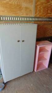 lot 5 image: Gray Bookcase 72.5x37x20, Gray Cabinet 51x31x20, Pink Bookcase 32x20x12