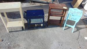 lot 104 image: Sewing Cabinet, Bookcase, Childs Rolling Cart and Painted Table