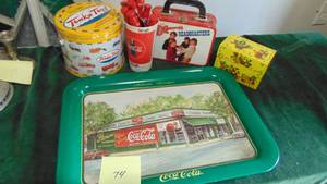 lot 74 image: Various Tins and Coke Tray