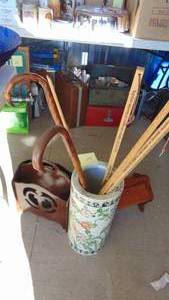 lot 115 image: Ceramic Umbrella Stand, Canes, Yardsticks, Sewing Box and Magazine Rack