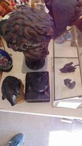 lot 130 image: Brass and Glass Display House, Metal Dargons, Metal and Marble Bust, Pig Figure and Marble Trinket Box