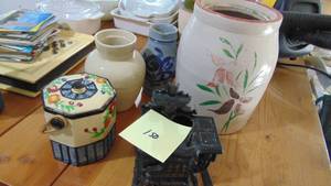 lot 150 image: 4-Pottery Pcs and Cast Iron Toy Stove