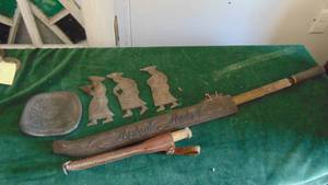 lot 156 image: Wood Souvenir Tourist Items, Knife and Pottery Dish