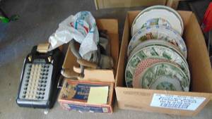 lot 176 image: Vintage Adding Machine, Meat Grinders and Box of State Plates