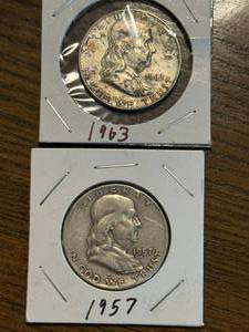 lot 22 image: 1957 & 1963 Franklin Half Dollars
