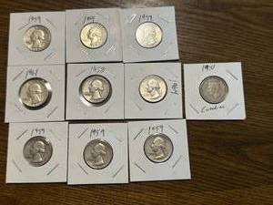 lot 25 image: 9 Silver Washington Quarters & 1 1943 Canadian Silver Quarter