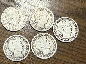 lot 43 image: 5 Barber Silver Quarters