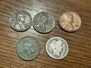 lot 56 image: 1916 Barber Dime, 1890 Indian Head Penny, 2 1943 Steel Wheat Pennies & 1958D Wheat Penny