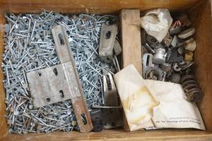 lot 129 image: Wooden drawer full of hardware