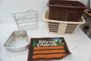 lot 198 image: Vintage Laundry Baskets, Vintage Aluminum Meats Drawer, Vintage Camping Mat