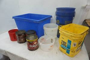 lot 274 image: Recycling Tote, 7 Gallon Bucket, Coffee Cans, and Other Buckets