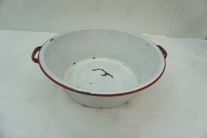 lot 312 image: Vintage enamel white with red trim washing basin
