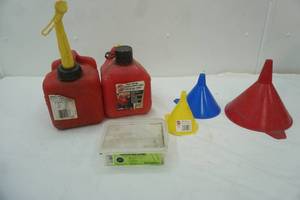 lot 333 image: (2) 1 Gallon gas Cans, funnels