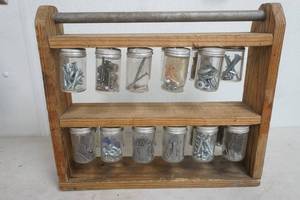 lot 341 image: Homemade small hardware holder with contents,14 x13 x4,double sided