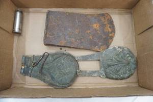 lot 446 image: VintageAntique Iron Axe Head, Metal Trunk Fixtures (copper)