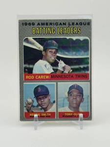 lot 148 image: 1970 Topps American League Batting Leaders Card Featuring Minnesota Twins Legends Rod Carew and Tony Oliva