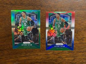 lot 239 image: 2019 Panini Prizm Jayson Tatum 2-Card Lot, Green Color Match Prizm and RedBlue Prizm Parallels