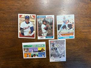 lot 288 image: Rod Carew Card Lot, Five Cards, Vintage Cards Minnesota Twins MLB Hall of Fame