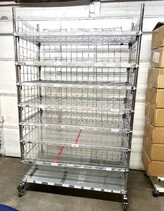 lot 13 image: High Quality Heavy Duty InterMetro Super Erecta Shelving System 8 Tier Stainless Steel Chrome Finish NSF Wire Storage Cart Truck With Locking Casters - Great Condition