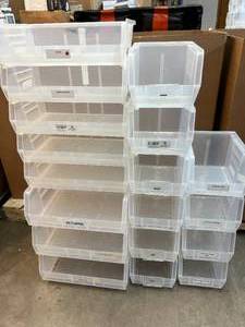 lot 9 image: MSRP $180 Lot of 18 Mixed Size Akro-Mils AkroBins Plastic Storage Bins - Easy Access Bottom Hopper, Strengthened when Stacked, Anti-Slide Stop -&nbspPerfect for Garage, Workshop, or Warehouse Organization