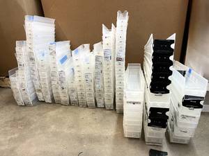 lot 11 image: MSRP $800 Lot of 150 Akro-Mils 30124 & 30110 AkroBins Shelf Bins - Perfect for Garage, Workshop, or Warehouse Organization - Many Have Attached Label Holders - Great Condition