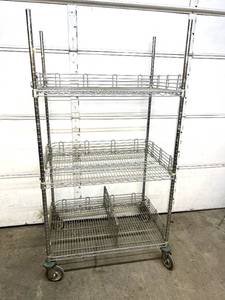lot 22 image: High Quality Heavy Duty Metro Shelving System 3-Tier Stainless Steel Chrome Finish NSF Wire Storage Cart Truck With Bumper Guards 68 x 36 x 25