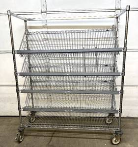 lot 23 image: MSRP $1800 High Quality Metro Slanted Shelving System 5-Tier Stainless Steel Chrome Finish NSF Wire Storage Cart Truck With Casters & Bumper Guards 59.5x47.5x18 - Excellent Condition Fill These Up With Akro Bins & Get&nbspOrganized