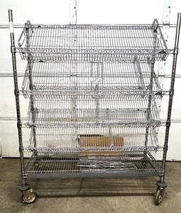 lot 31 image: MSRP $1800 High Quality Metro Slanted Shelving System 5-Tier Stainless Steel Chrome Finish NSF Wire Storage Cart Truck With Casters & Bumper Guards 59.5x47.5x18 - Excellent Fill These Up With Akro Bins & Get&nbspOrganized 