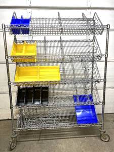 lot 32 image: MSRP $1800 High Quality Heavy Duty Metro Shelving System 5-Tier Stainless Steel Chrome Finish NSF Wire Storage Cart Truck With Casters & Bumper Guards 68 x 48 x 18 - Includes Stackable Bins & Removable Dividers