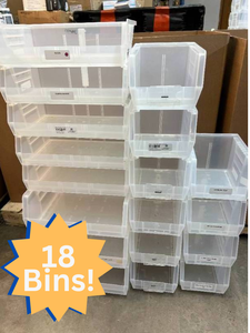 lot 9 image: MSRP $180 Lot of 18 Mixed Size Akro-Mils AkroBins Plastic Storage Bins - Easy Access Bottom Hopper, Strengthened when Stacked, Anti-Slide Stop -&nbspPerfect for Garage, Workshop, or Warehouse Organization